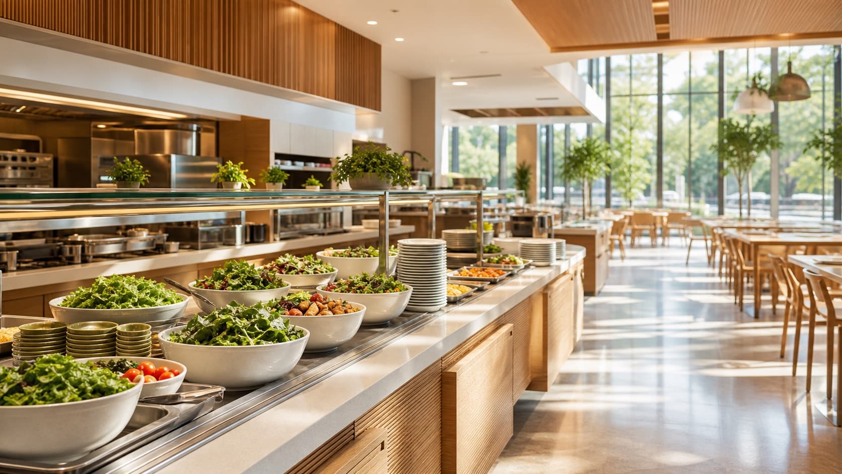 Bright modern workplace cafeteria with a generous healthy service counter and warm natural light