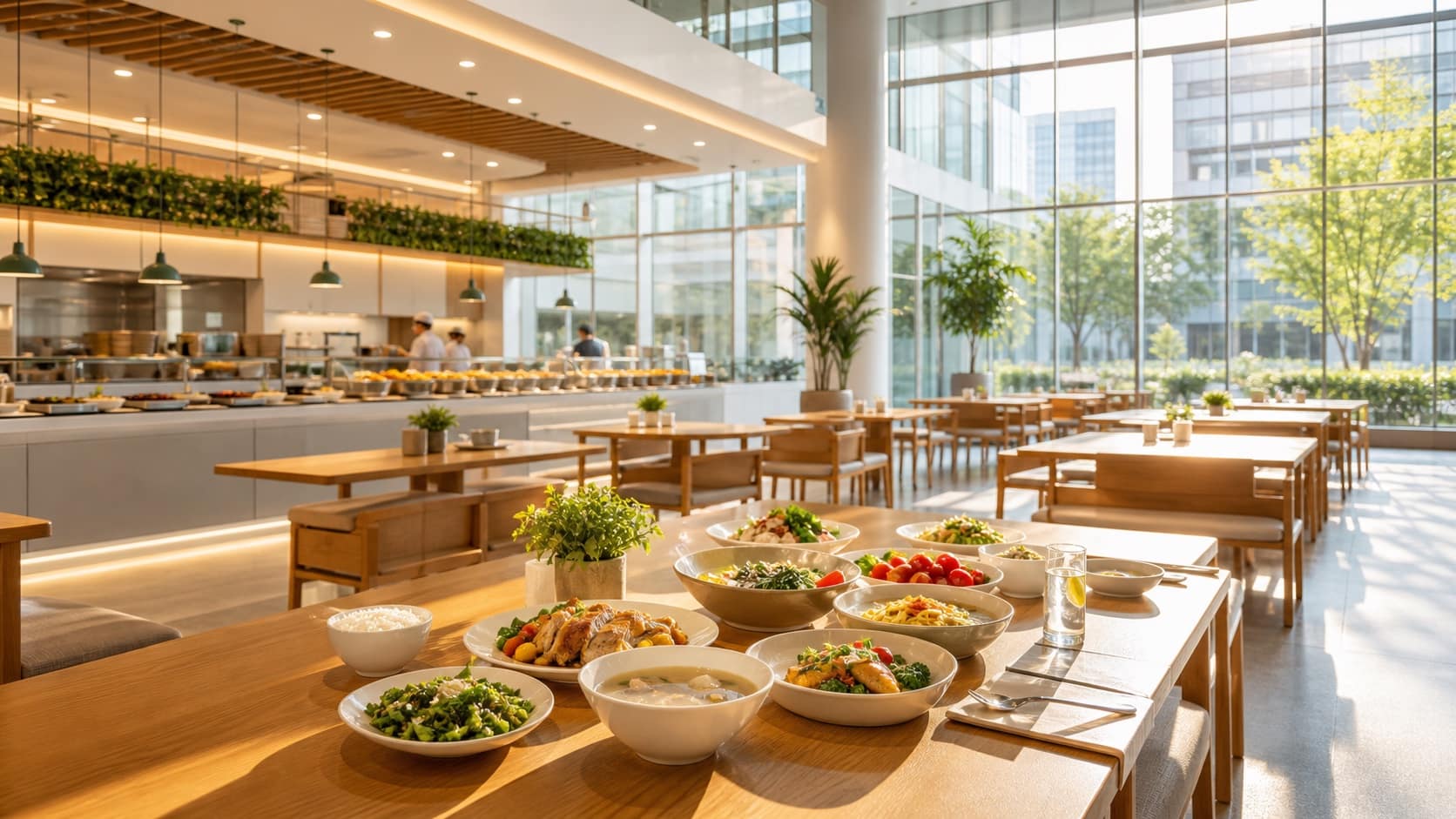 Bright premium corporate headquarters cafeteria with natural light, service counters, and appetizing meals