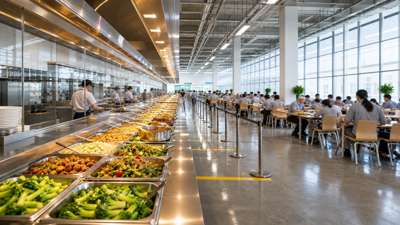 Bright manufacturing base employee canteen with industrial scale service counters and clean order